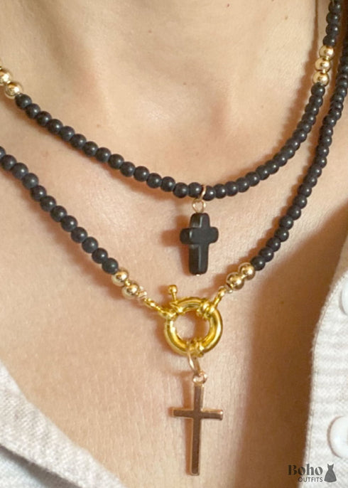 Boho Necklace, Seed Bead Layered Choker, Double Cross